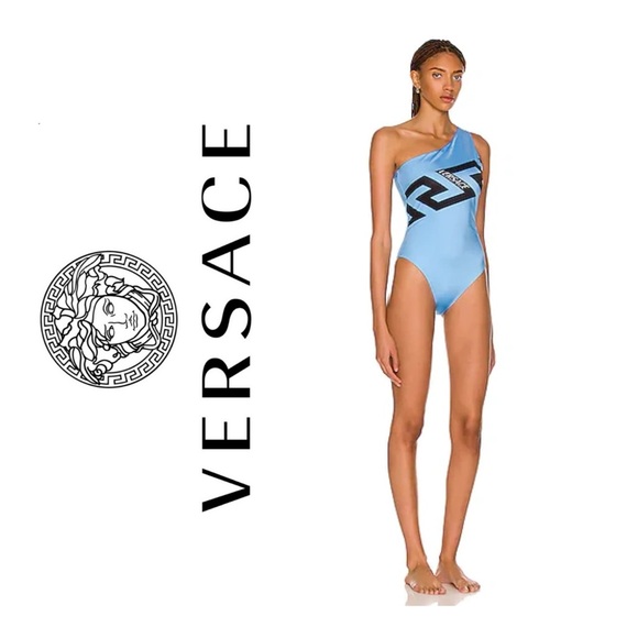 NWOT VERSACE GRECA LOGO ONE SHOULDER ONE-PIECE SWIMSUIT IN GNAWED BLUE - Picture 2 of 11